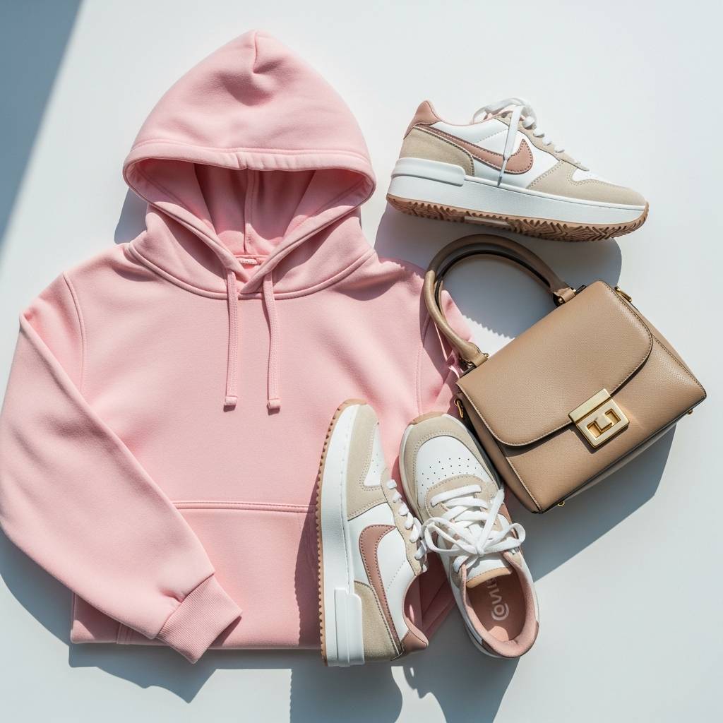 スマホで簡単！アパレル物撮り術：ピンクパーカーとシューズ＆バッグの映えコーデ｜物撮り本舗ブログ
