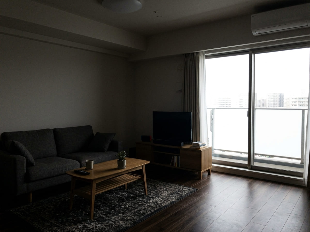 スマホ撮影のリビング（暗く広さが伝わりにくい）